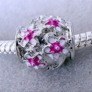 Pink Cherry Blossom Flower Enamel Bead Charm fits PANDORA